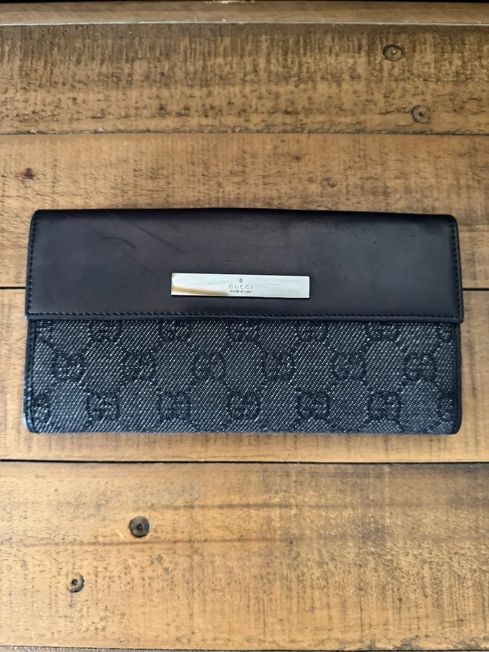 Gucci Wallet Unisex Black GG Denim Canvas Leather Long Wallet Bi-fold Made Italy